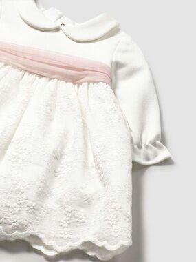 Mayoral Cream Dress with Pink Waist Sash- embroidered dress-18m